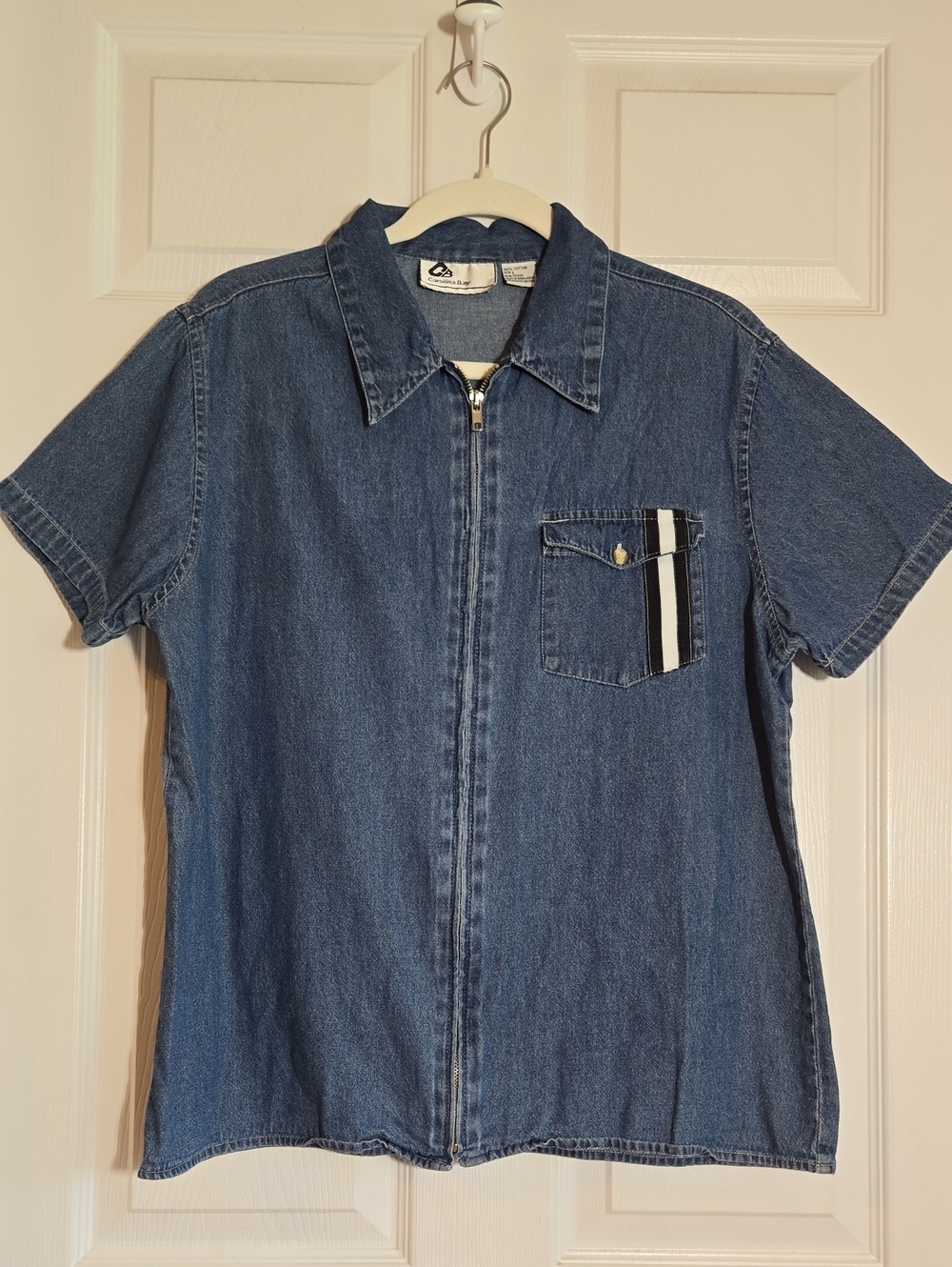 Carolina Bay Vintage Blue Denim Zip-Front Shirt Size L Stripe Pocket P2P 22"